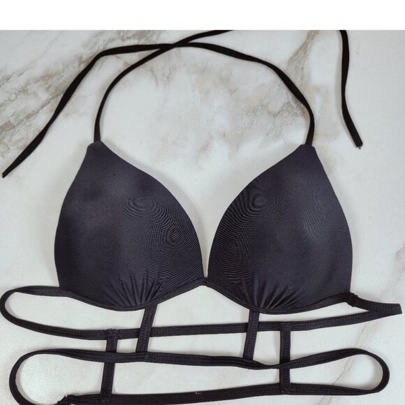 Unbranded Black Caged Molded Cup Halter Triangle Bikini Top, Sz L - Picture 6 of 10